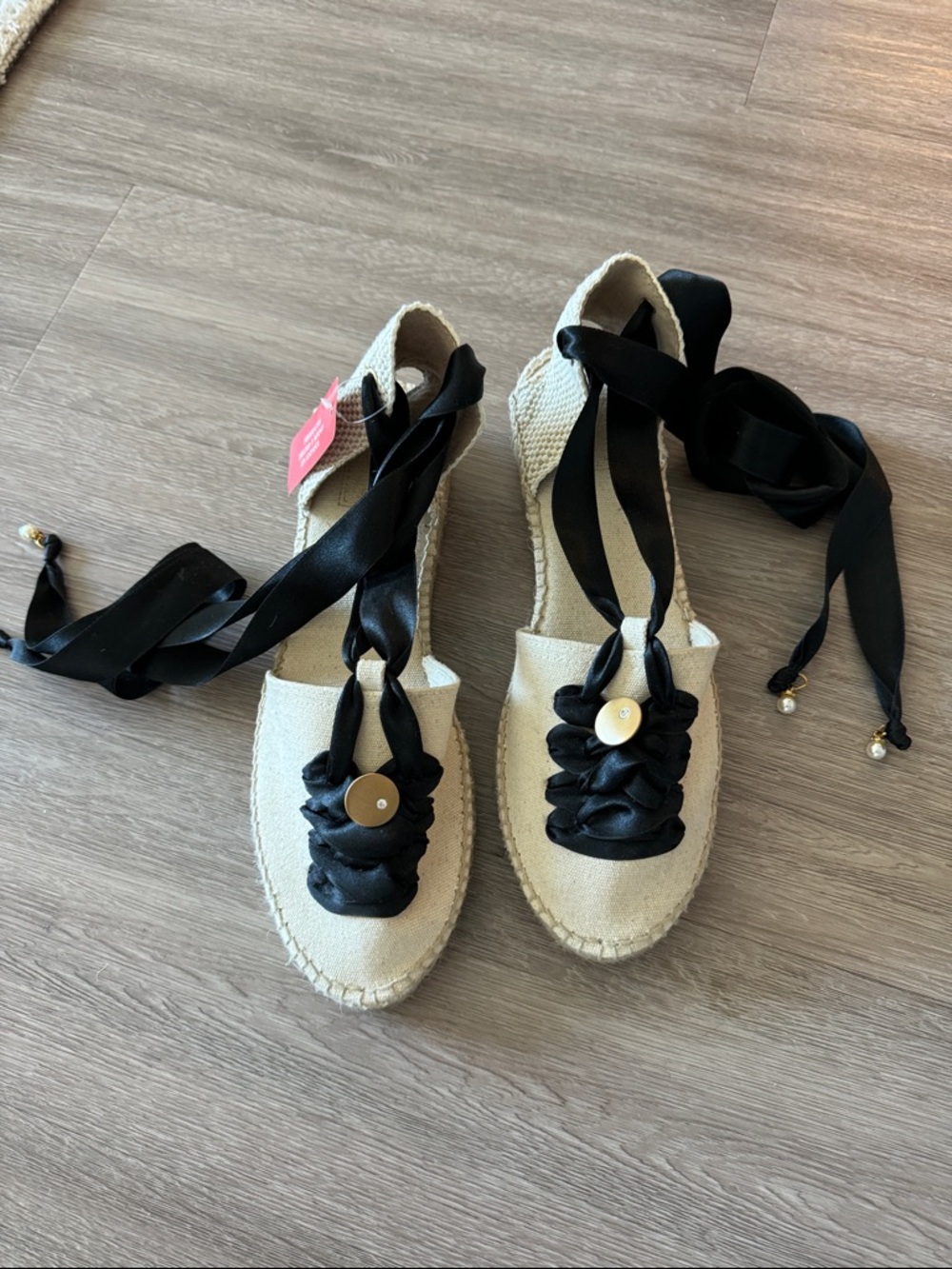 Canvas Espadrille Lace-Up Sandals in Ivory with Black Trim